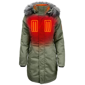 ActionHeat olive green parka with highlighted heating zones on chest and neck