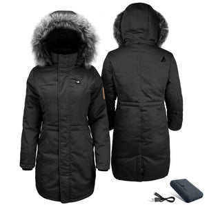 ActionHeat black parka with faux fur hood and included power bank