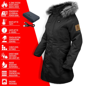 ActionHeat black parka with faux fur hood and power bank with feature list