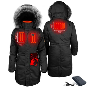 ActionHeat black parka showing heating element locations and battery pack