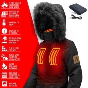 ActionHeat black hooded jacket with highlighted heating zones and power bank features