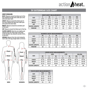 ActionHeat 5V outerwear size chart with body measurement tables for men women unisex and youth