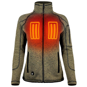 ActionHeat women's olive green zip-up fleece jacket with glowing orange chest heating elements