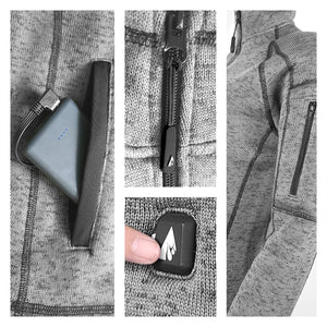 ActionHeat grey knit jacket features showing battery pack pocket, zipper detail, and heat control button