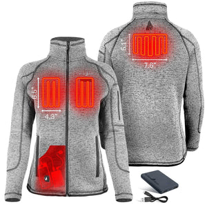 ActionHeat grey fleece jacket showing heating element locations and battery pack