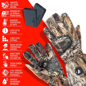 ActionHeat camouflage heated gloves with two power banks and feature list on red background