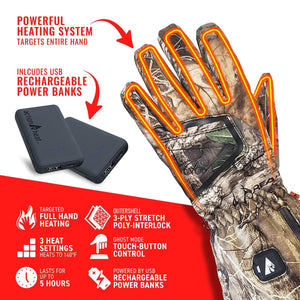 ActionHeat camouflage heated glove with USB rechargeable power banks and feature list