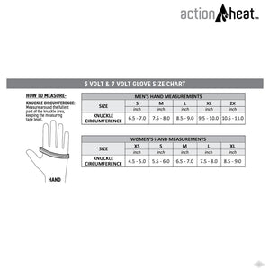 ActionHeat glove size chart showing knuckle circumference measurements for men and women