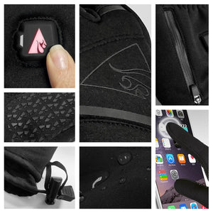 ActionHeat heated gloves showing power button, grip texture, zipper pocket, water resistant fabric and touchscreen tips