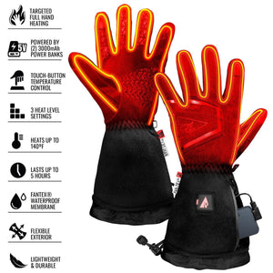 ActionHeat heated gloves with feature list including full hand heating, 5V power, and waterproof membrane