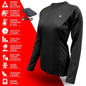 ActionHeat black long sleeve heated base layer shirt with feature list and power bank
