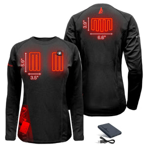ActionHeat black long sleeve base layer showing heating element dimensions and battery pack