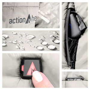 ActionHeat jacket features including water resistant fabric, battery pack in pocket, and power button control