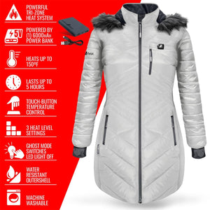 ActionHeat women white heated parka with battery power bank and feature list