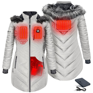 ActionHeat white women's heated parka showing heating element locations and battery pack