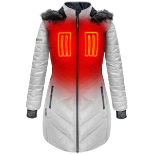 ActionHeat white hooded puffer coat with red heated chest panels
