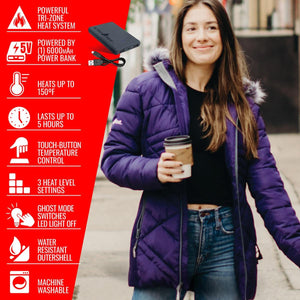 Woman wearing purple ActionHeat jacket with infographic listing features like tri-zone heating and power bank