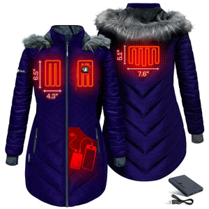 ActionHeat purple heated parka showing heating element dimensions and battery pack placement