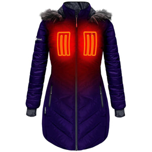 ActionHeat purple hooded heated parka with glowing chest heating elements