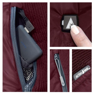 ActionHeat jacket battery pack in pocket, power button, and brand logo