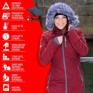 Woman wearing ActionHeat red heated jacket with fur hood and feature list