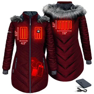 ActionHeat burgundy heated parka showing heating element locations and battery pack