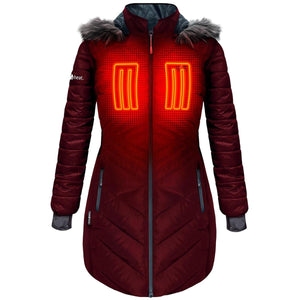 ActionHeat red women's heated parka with faux fur hood and glowing chest heating elements