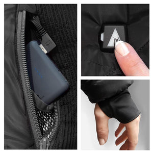Close up of heated jacket battery pocket, power button, and thumb hole cuff