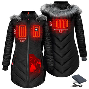 ActionHeat women's heated parka showing heating element dimensions and battery pack placement