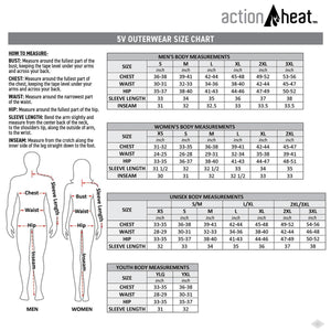 ActionHeat 5V outerwear size chart with measurement instructions and tables for men women unisex and youth