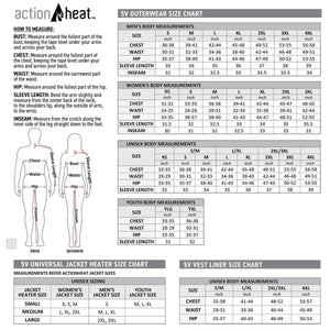 ActionHeat 5V outerwear size chart with measurement instructions and body diagrams for men women and youth