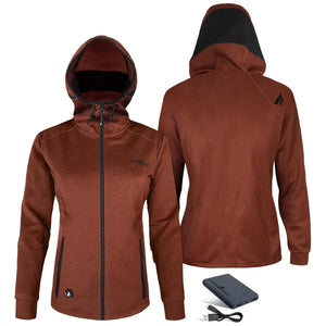 ActionHeat brown hooded heated jacket with front and back view and power bank