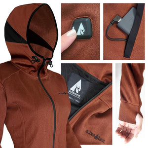 ActionHeat brown hooded jacket with battery power button, charging port, and thumbhole cuffs