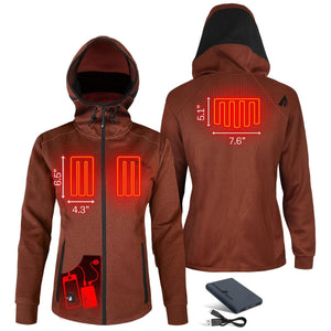 ActionHeat brown hooded jacket showing internal heating element placement and battery pack