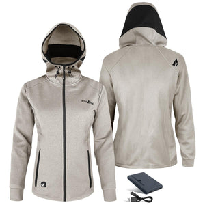 ActionHeat women's tan hooded heated jacket with battery pack and charging cable