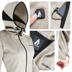 ActionHeat hooded jacket showing power button battery connection and thumbhole cuffs
