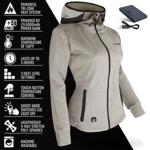 ActionHeat women's heated hooded jacket with power bank and feature list