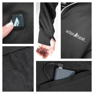 ActionHeat heated apparel features including power button thumb hole sleeve battery pack and fabric detail