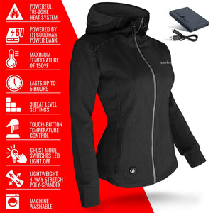 ActionHeat black hooded jacket with power bank and feature list
