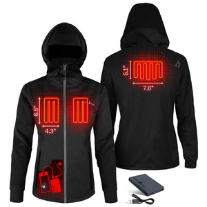 ActionHeat black hooded jacket showing internal heating element placement and dimensions with included power bank