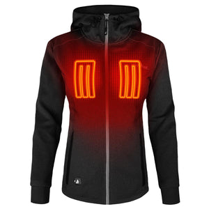 ActionHeat black hooded jacket with glowing orange heating elements on the chest