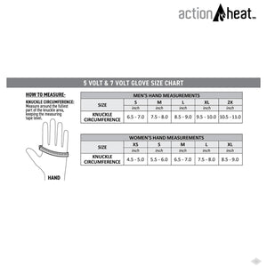 ActionHeat glove size chart showing knuckle circumference measurements for men and women in inches
