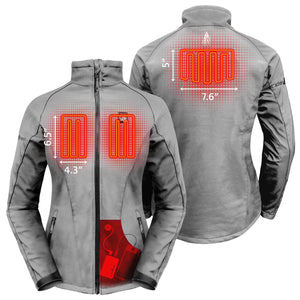 ActionHeat grey jacket showing internal heating element placement and battery pocket dimensions