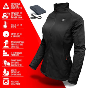 ActionHeat black heated jacket with power bank and feature list icons