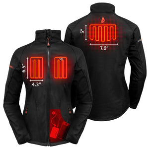 ActionHeat jacket showing heating element dimensions on chest and back with battery pack connection