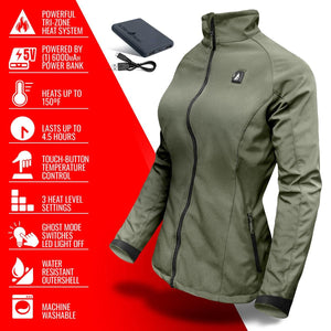 ActionHeat olive green heated jacket with power bank and feature list