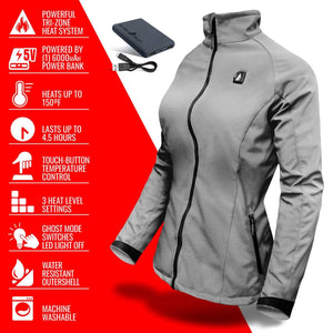 ActionHeat grey heated jacket with power bank and feature list