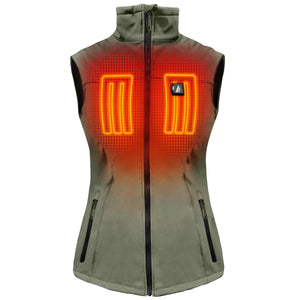 Olive green heated vest with glowing orange chest heating elements and front zipper