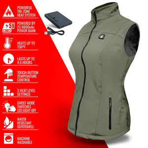 ActionHeat olive green heated vest with power bank and feature list