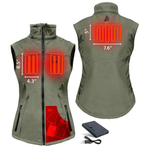 ActionHeat olive green heated vest showing heating element dimensions and battery pack